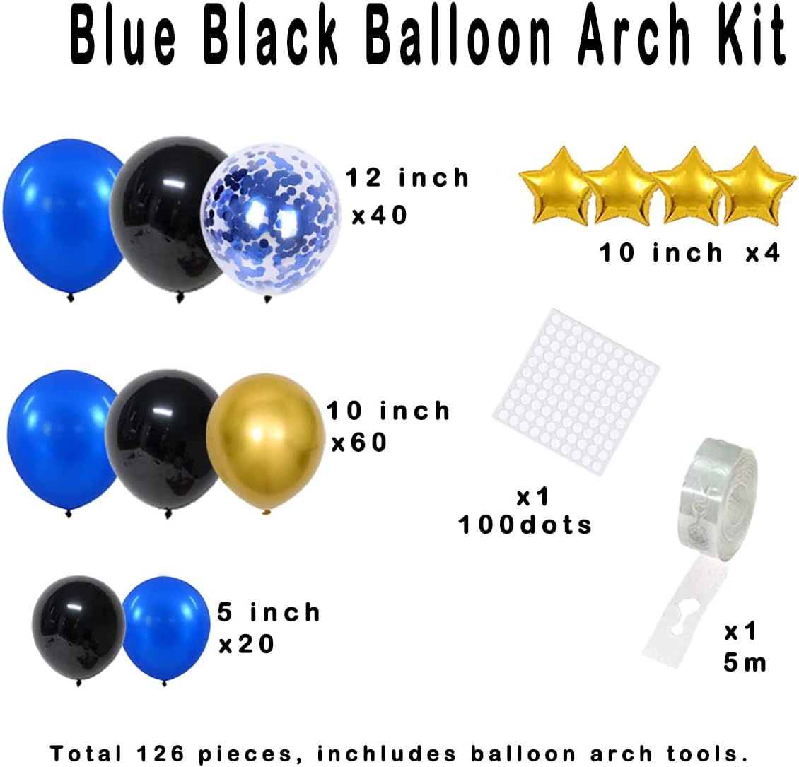 Black Blue Gold Balloon Garland Arch Kit - 126 PCS Matte Royal Blue and Black Balloons Metallic Gold Balloons Video Gaming Party Balloon 16Ft Arch Holder for Anime Spidery Boy Video Game Outer Space Gamer Birthday New Year Retirement Party Decorations Men