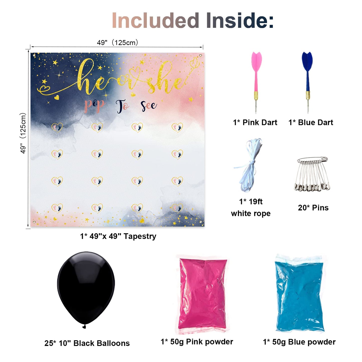 Dimensions and contents of gender reveal dart board game
