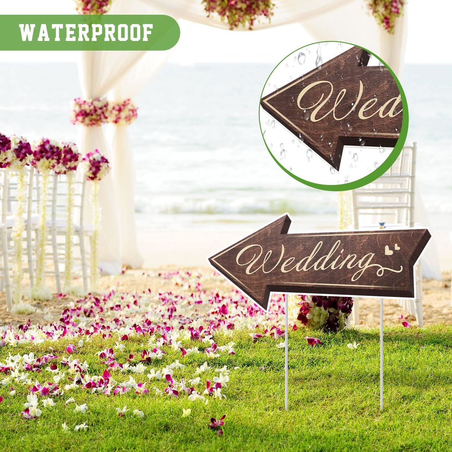 Waterproof wedding this way signs