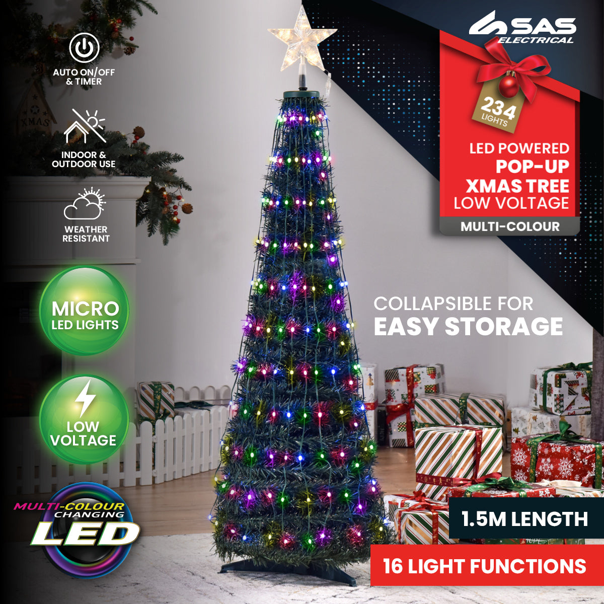 SAS Electrical 1.5m Christmas Tree & Star Pop-Up Design Remote Controlled Occasions > Christmas