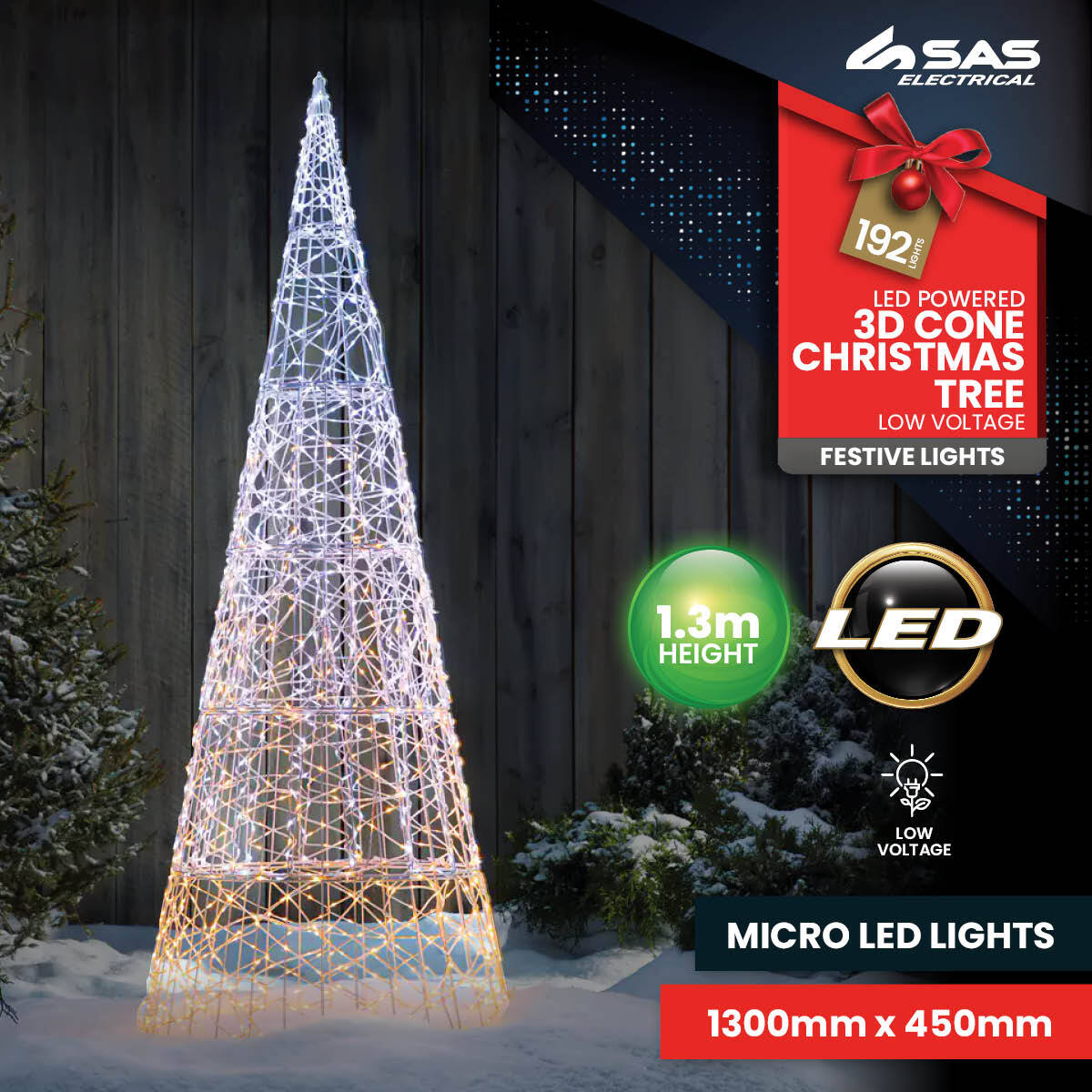 SAS Electrical 1.3m 3D LED Decorative Metal Cone Christmas Tree 192 Lights Occasions > Christmas