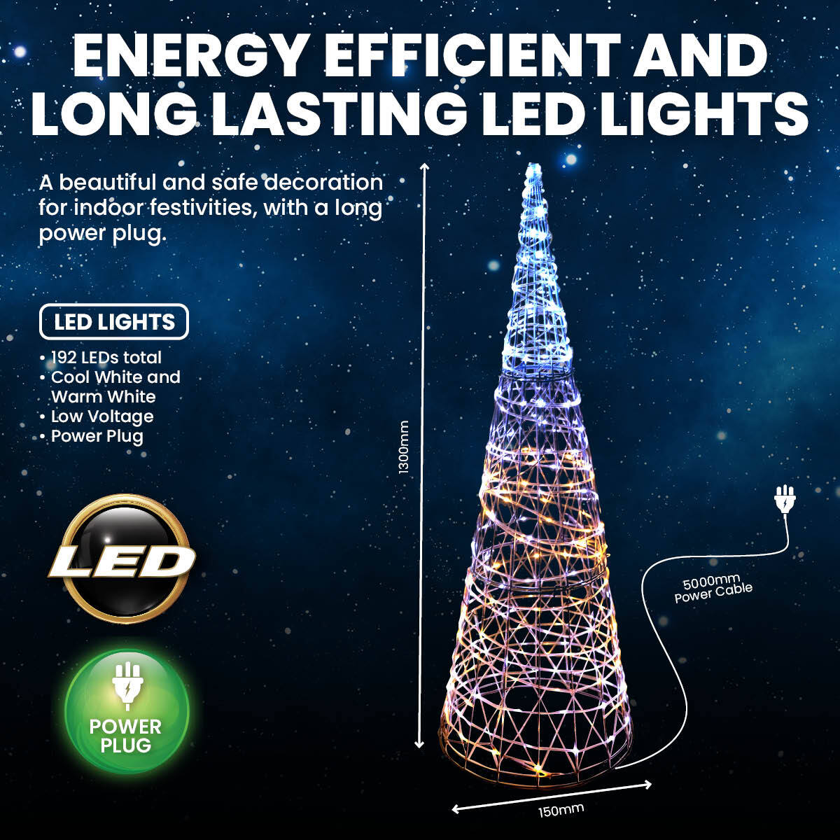 SAS Electrical 1.3m 3D LED Decorative Metal Cone Christmas Tree 192 Lights Occasions > Christmas