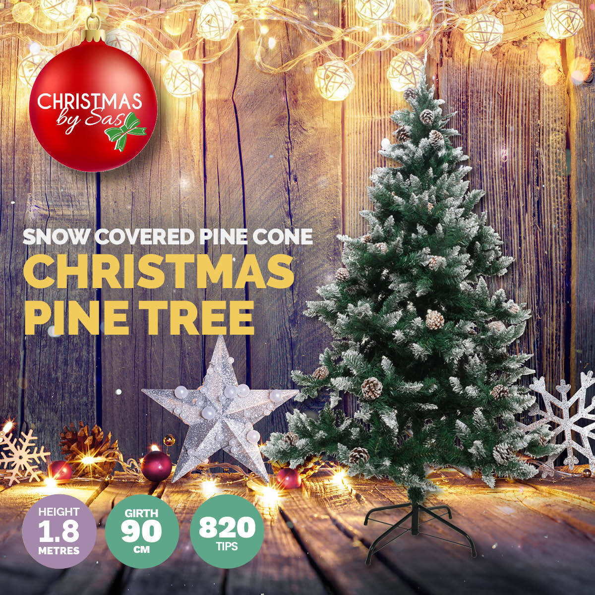Christmas By Sas 1.8m Full Figured Tree Snow Covered Tips & Pine Cones Occasions > Christmas