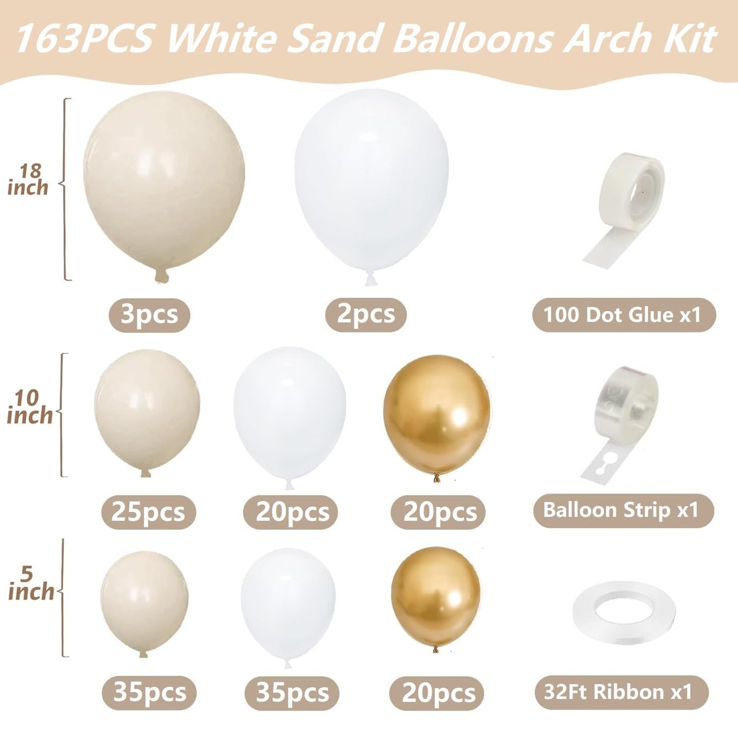 White Sand Balloons Garland Arch Kit, 163PCS Sand White Chrome Gold Beige Boho Balloons Arch Kit 5 10 18 Inch Different Sizes for Birthday Anniversary Wedding Bridal Shower Boho Party Decorations