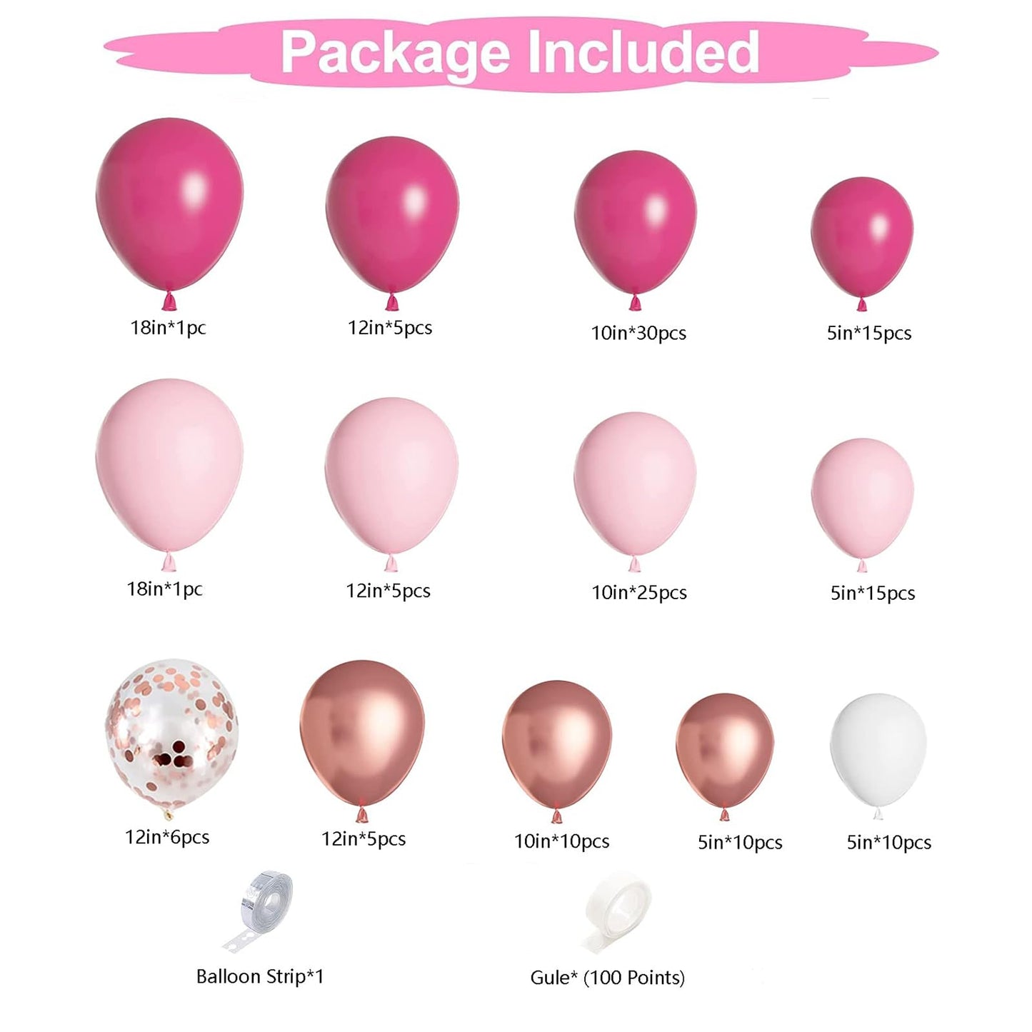 Pink Balloon Arch Kit,140Pcs Hot Pink Balloons Arch Garland Kit with Hot Pink Balloons,White Metallic Rose Gold Confetti Balloons for Girls Birthday Party,Baby Shower Decoration,Wedding,Bridal Shower