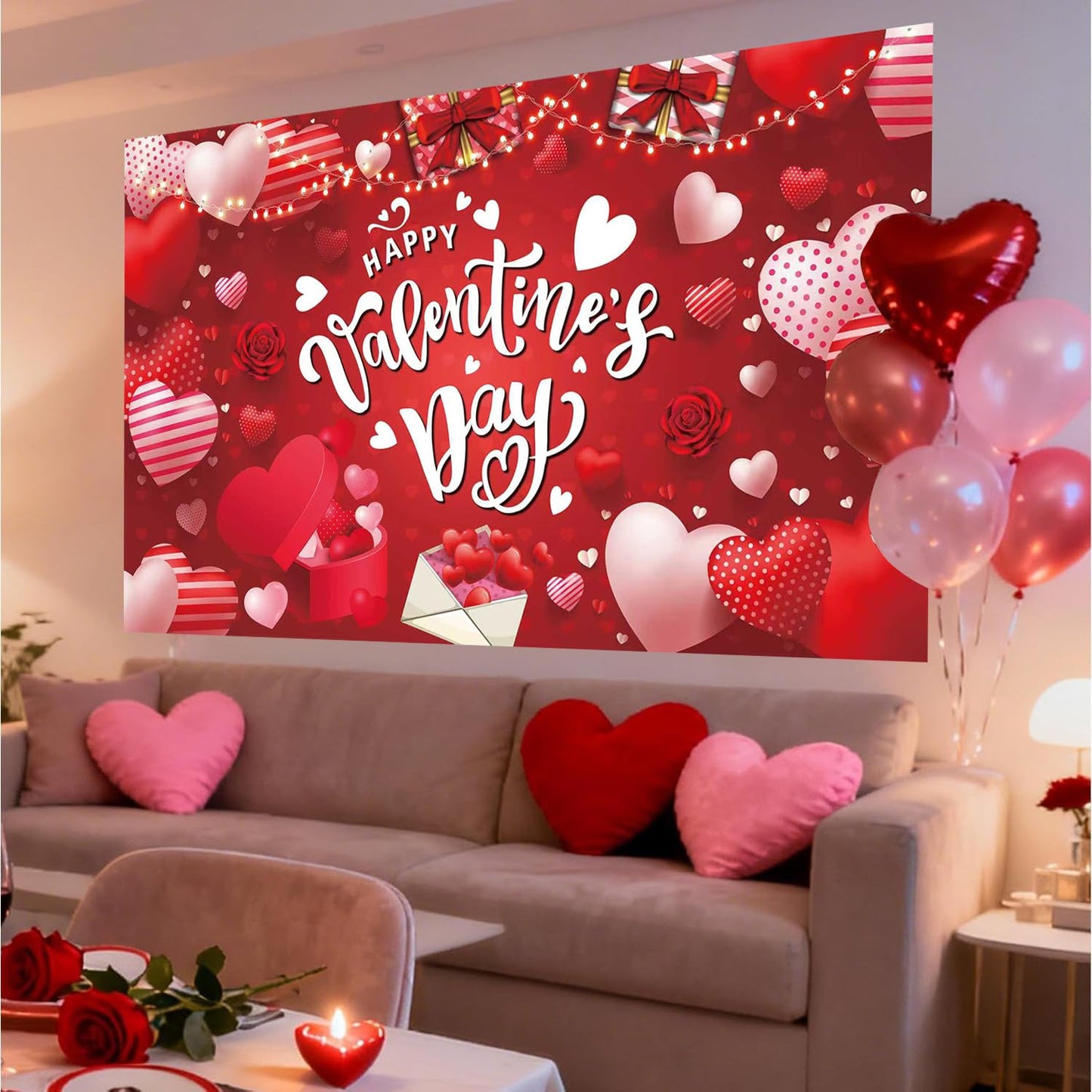 Happy Valentine's Day Banner 180x110 cm Backdrop for Red Pink Heart Banner, Party Decorations, Romantic Love Valentine Decorations