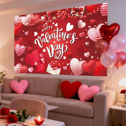 Happy Valentine's Day Banner 180x110 cm Backdrop for Red Pink Heart Banner, Party Decorations, Romantic Love Valentine Decorations