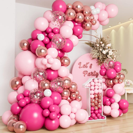 Pink Balloon Arch Kit,140Pcs Hot Pink Balloons Arch Garland Kit with Hot Pink Balloons,White Metallic Rose Gold Confetti Balloons for Girls Birthday Party,Baby Shower Decoration,Wedding,Bridal Shower