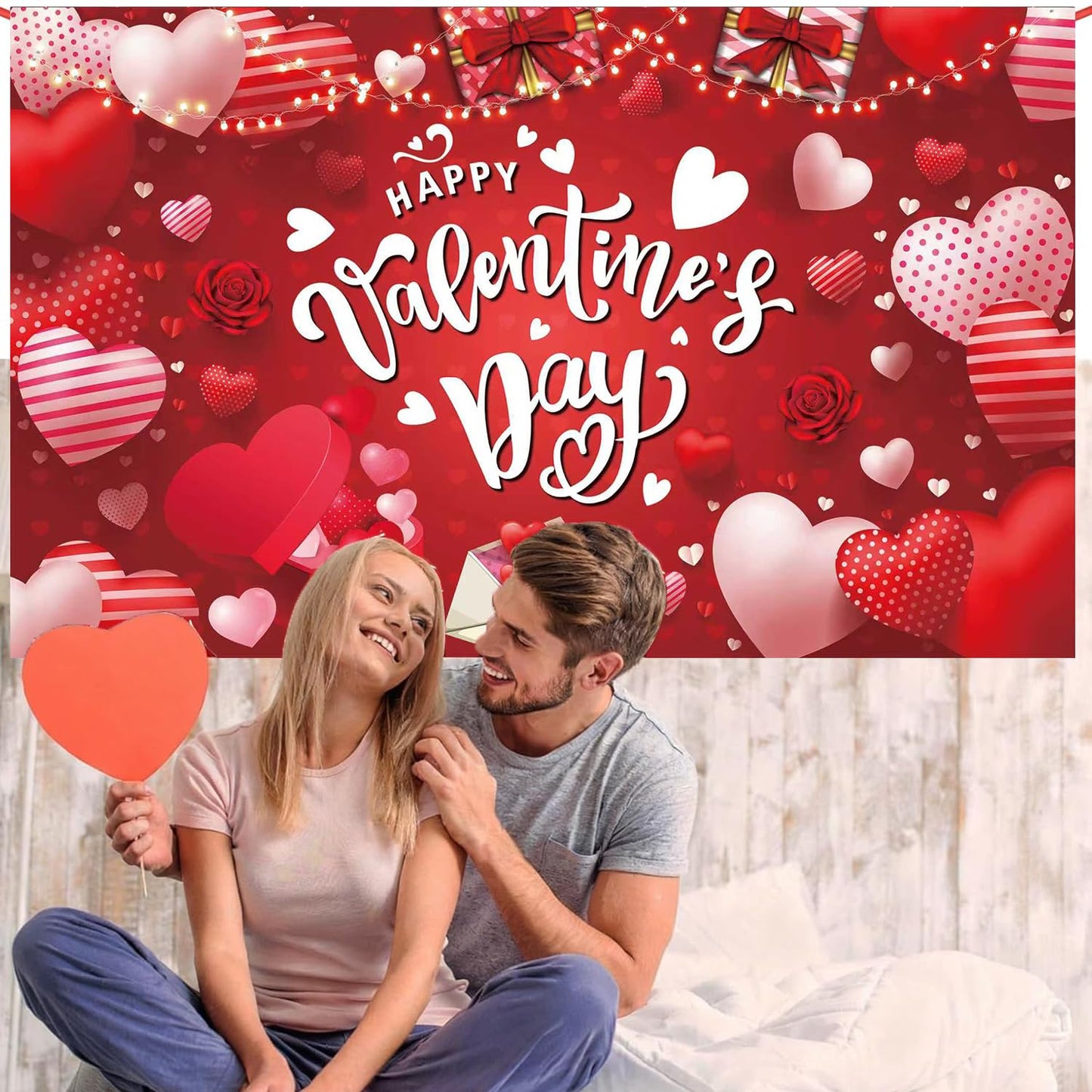 Happy Valentine's Day Banner 180x110 cm Backdrop for Red Pink Heart Banner, Party Decorations, Romantic Love Valentine Decorations
