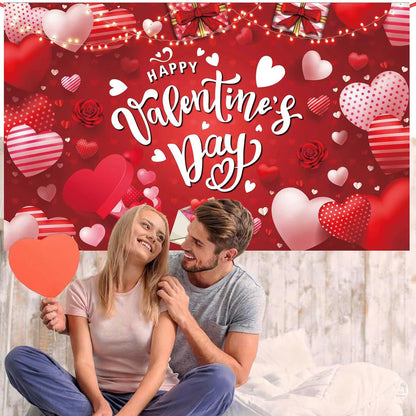 Happy Valentine's Day Banner 180x110 cm Backdrop for Red Pink Heart Banner, Party Decorations, Romantic Love Valentine Decorations