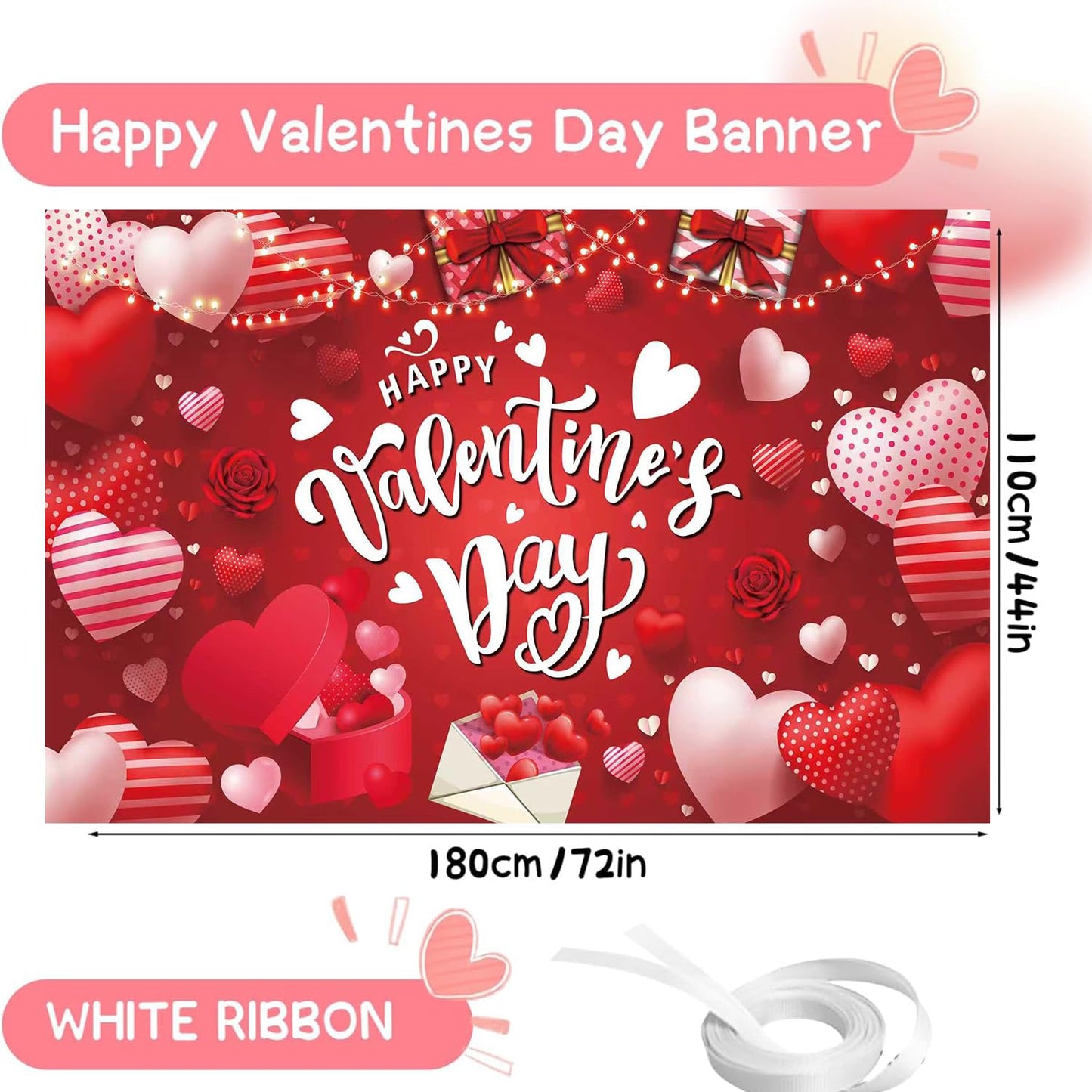 Happy Valentine's Day Banner 180x110 cm Backdrop for Red Pink Heart Banner, Party Decorations, Romantic Love Valentine Decorations