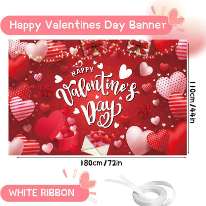 Happy Valentine's Day Banner 180x110 cm Backdrop for Red Pink Heart Banner, Party Decorations, Romantic Love Valentine Decorations