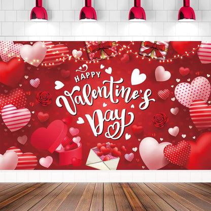 Happy Valentine's Day Banner 180x110 cm Backdrop for Red Pink Heart Banner, Party Decorations, Romantic Love Valentine Decorations