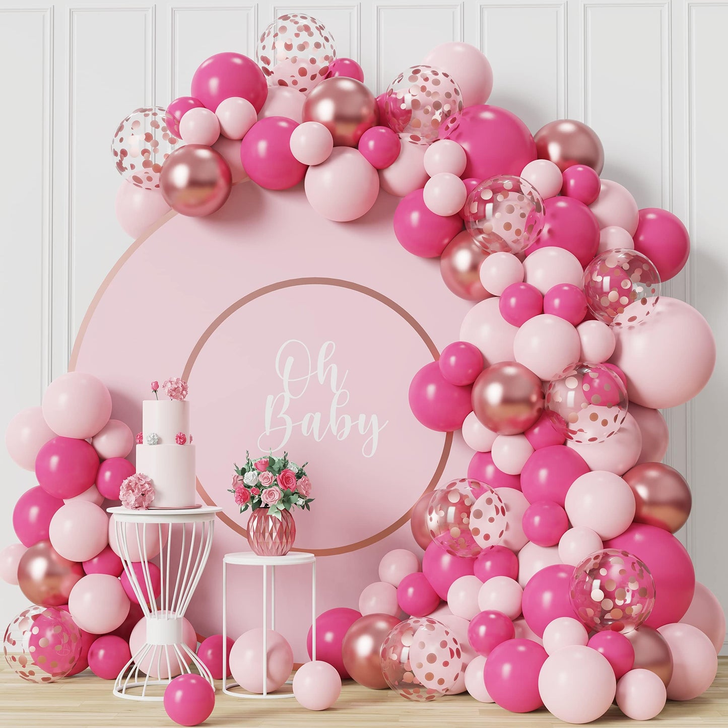 Pink Balloon Arch Kit,140Pcs Hot Pink Balloons Arch Garland Kit with Hot Pink Balloons,White Metallic Rose Gold Confetti Balloons for Girls Birthday Party,Baby Shower Decoration,Wedding,Bridal Shower