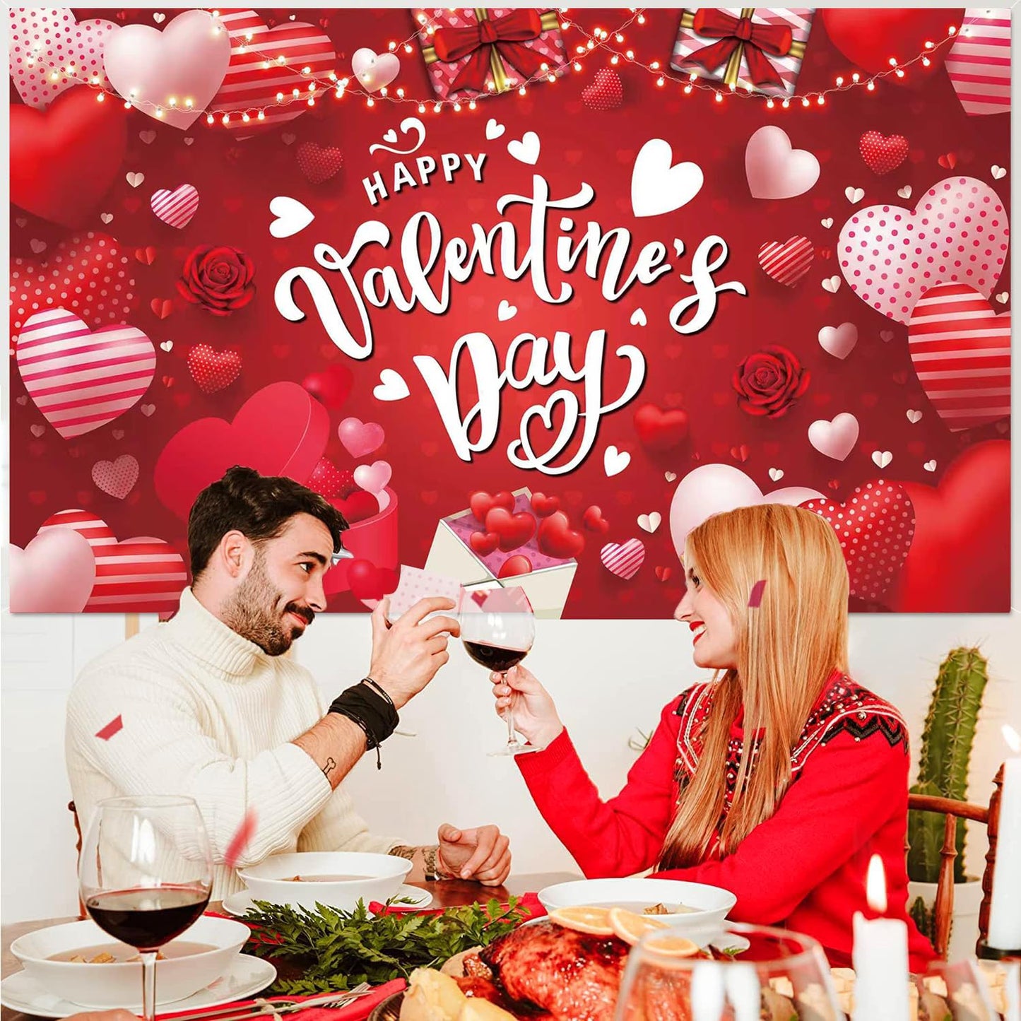 Happy Valentine's Day Banner 180x110 cm Backdrop for Red Pink Heart Banner, Party Decorations, Romantic Love Valentine Decorations
