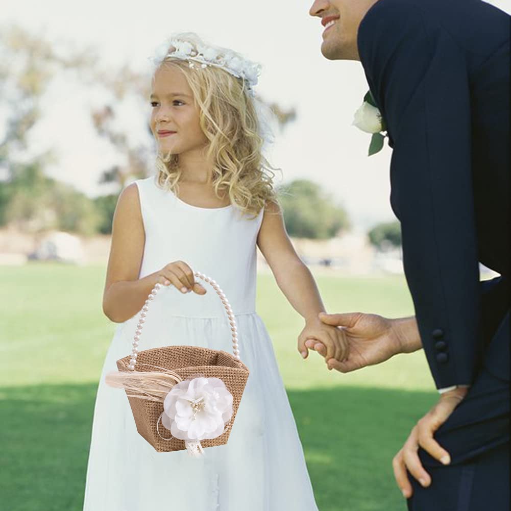 Rustic Flower Girl Basket Burlap Jute Basket with Pearl Handle