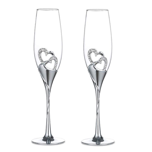 Wedding Champagne Glass Silver Toasting Flutes Pack of 2 with Rhinestone Rimmed Hearts