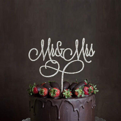 Silver glitter wedding cake topper