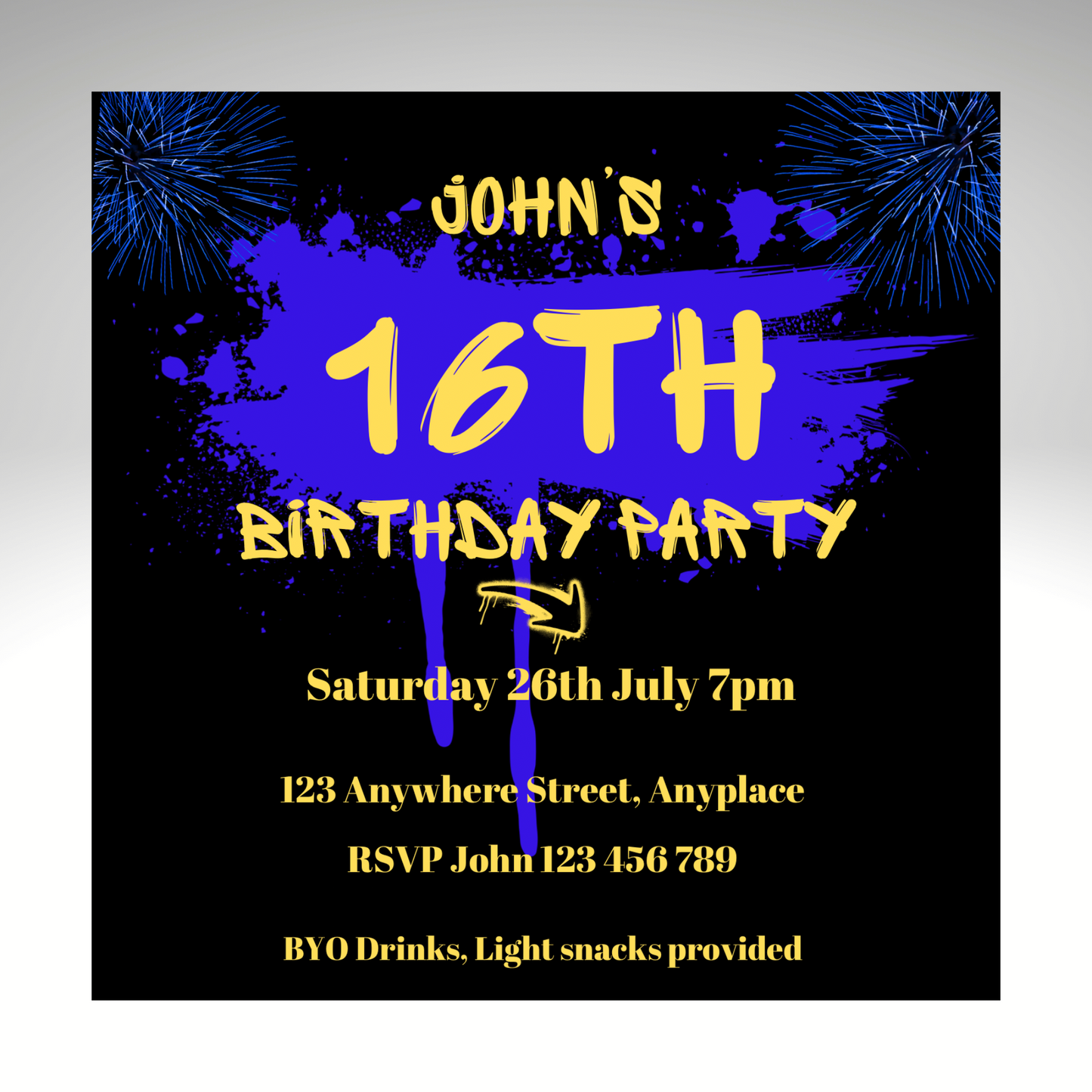 5x5 Birthday Party Invitation Personalised -16th