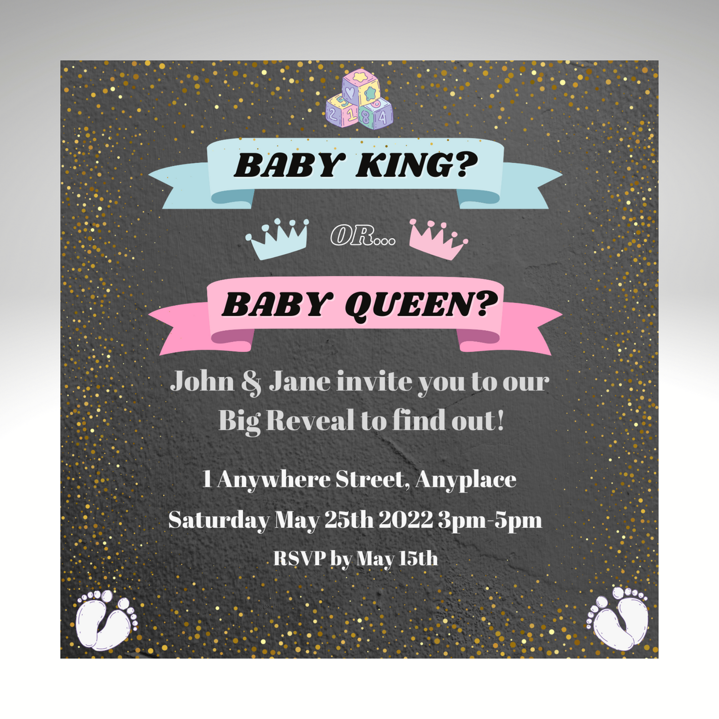 Gender Reveal Invitation Customisable - Baby King or Baby Queen? 5x5