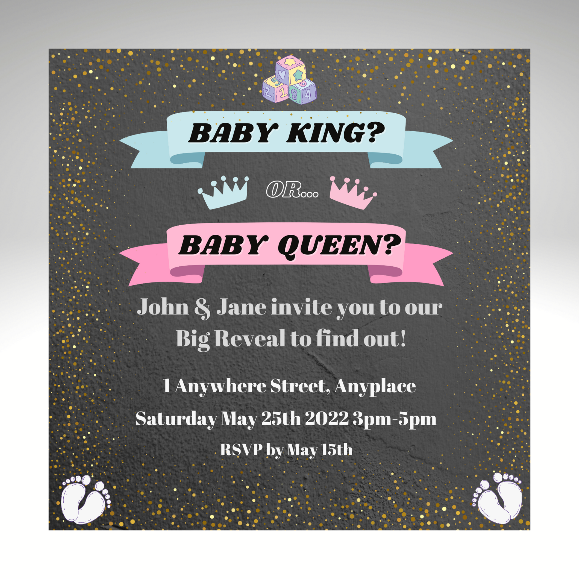 Gender Reveal Invitation Customisable - Baby King or Baby Queen? 5x5