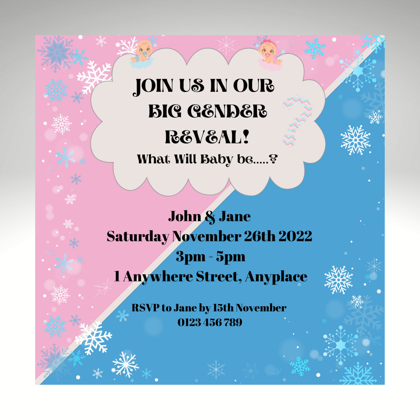 Gender Reveal Invitation Customisable - What Will Baby Be? 5x5