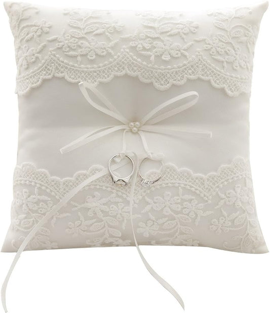Lace Pearl Wedding Ring Pillow Ivory