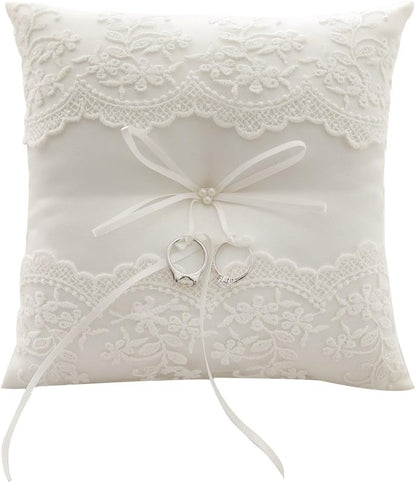 Lace Pearl Wedding Ring Pillow Ivory