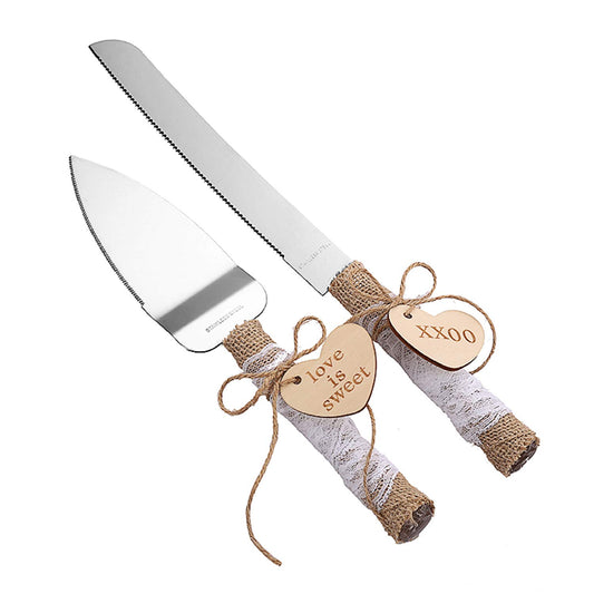 Set of 2 Rustic Wedding Cake Knife and Serving Set with Twine 