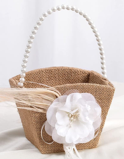 Rustic Flower Girl Basket Burlap Jute Basket with Pearl Handle