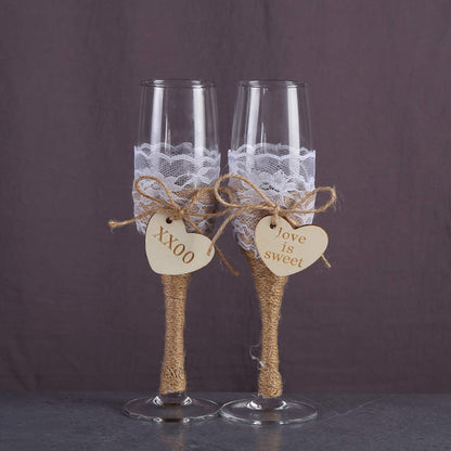 Set of 2 Rustic Style Elegant Wedding Champagne Glasses with Twine