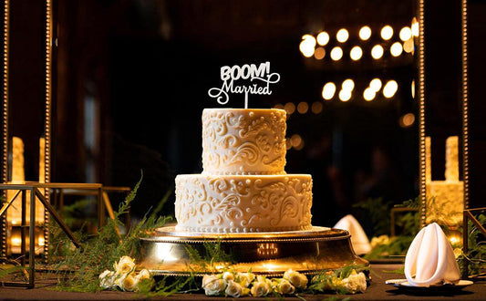 BOOM! Married Wedding Cake Topper, Silver Glitter 