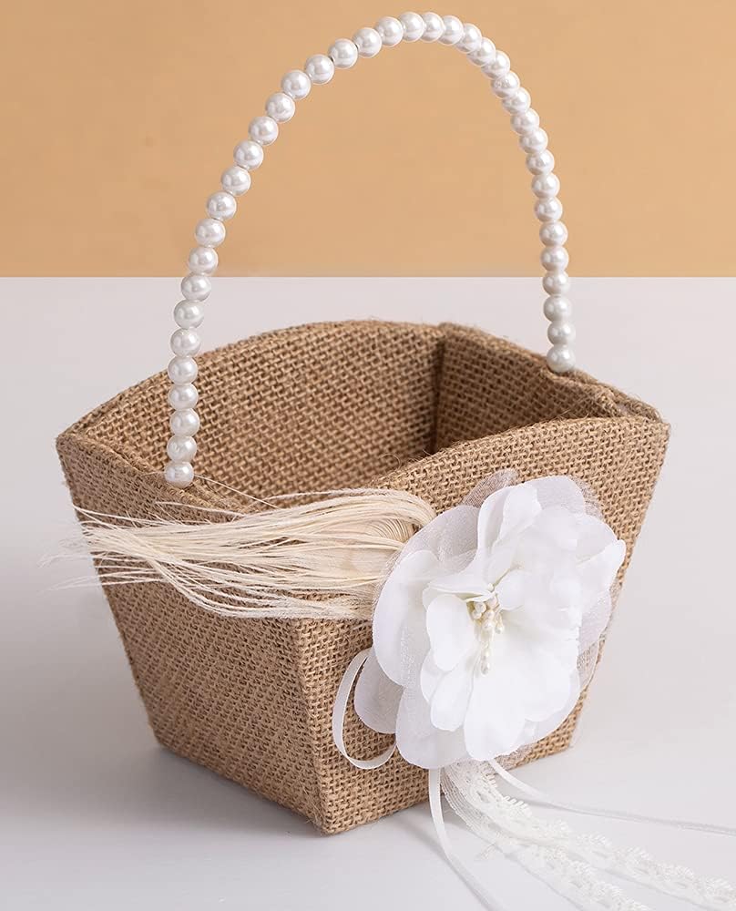 Jute basket with pearl handle and white flower