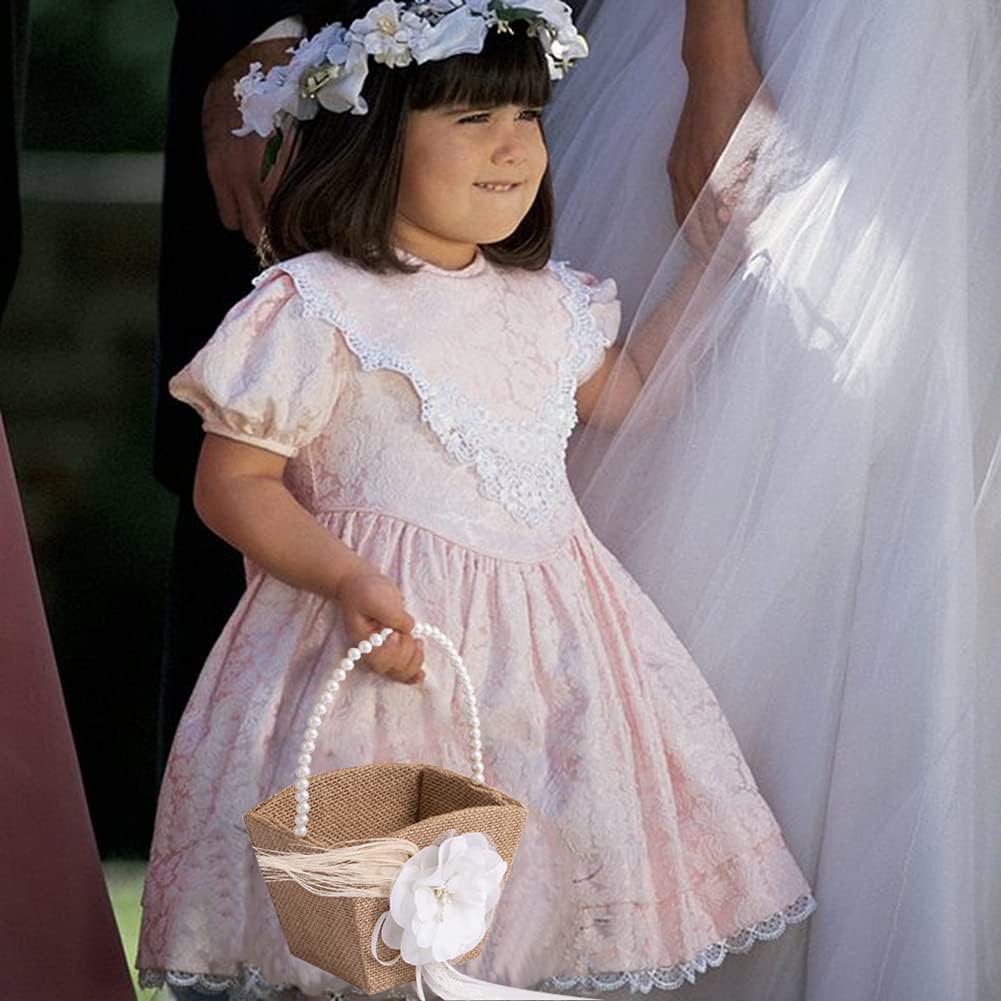 Rustic Flower Girl Basket Burlap Jute Basket with Pearl Handle