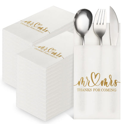 Mr & Mrs Wedding Disposable Napkins Linen Feel 100 Pcs