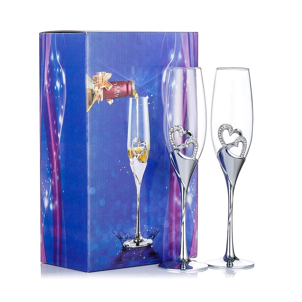Pack of 2 silver heart glass flutes