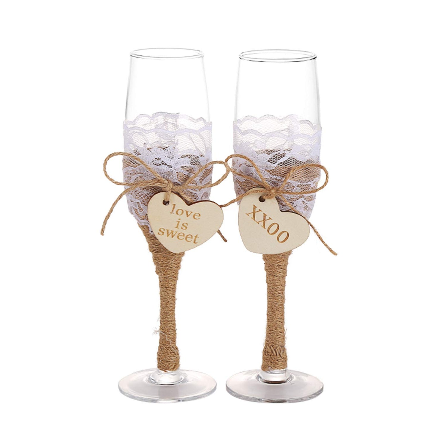 Set of 2 Rustic Style Elegant Wedding Champagne Glasses with Twine