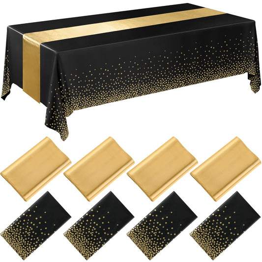 8pcs Plastic Tablecloths and Satin Table Runners (Black and Gold)
