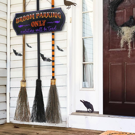 Halloween Broom Parking Sign with 3 Wooden Witches Brooms