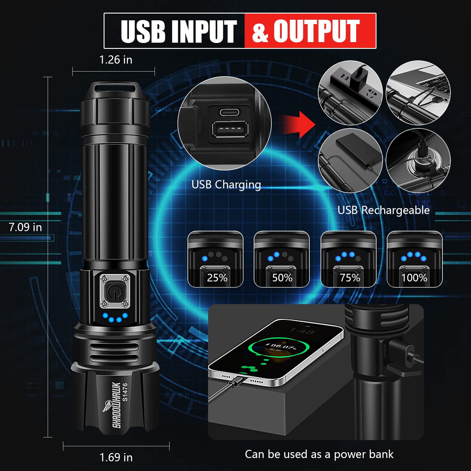 USB input & output torch can be used as power bank