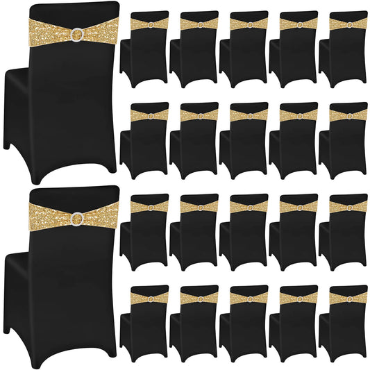 Black Chair Covers and Gold Sequin Chair Sashes Set, 40 Pcs