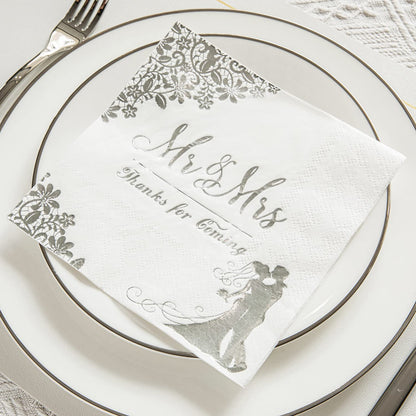 Silver 100 Pcs Wedding Napkins "Mr and Mrs" 