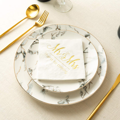 Mr & Mrs Wedding Napkins White Gold 100 Pcs