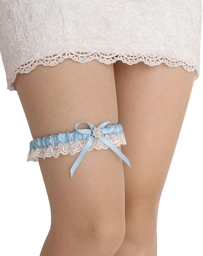 Blue Wedding Garters for Bride, 2 Pcs Rhinestone Satin Bow