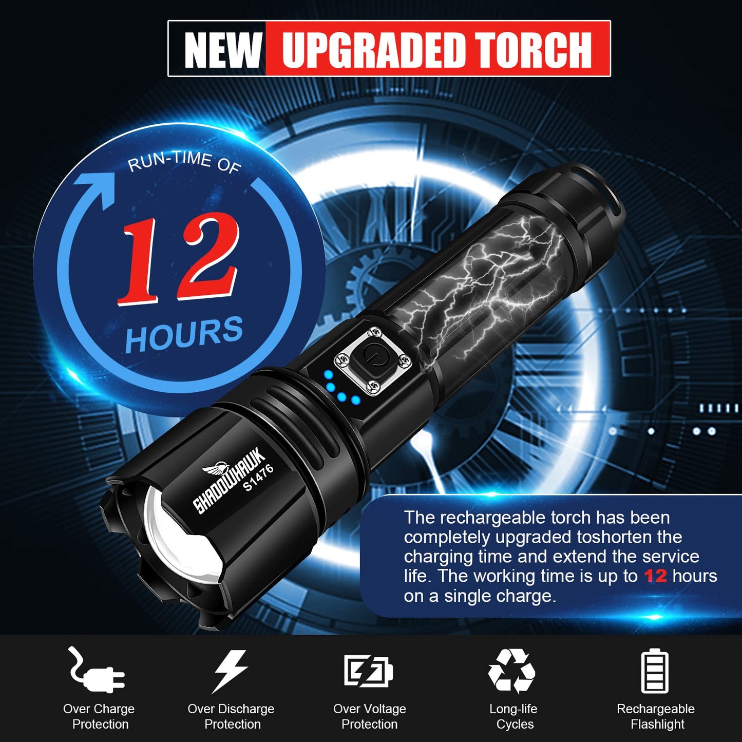Re-chargeableTorch with 12 hours of run-time