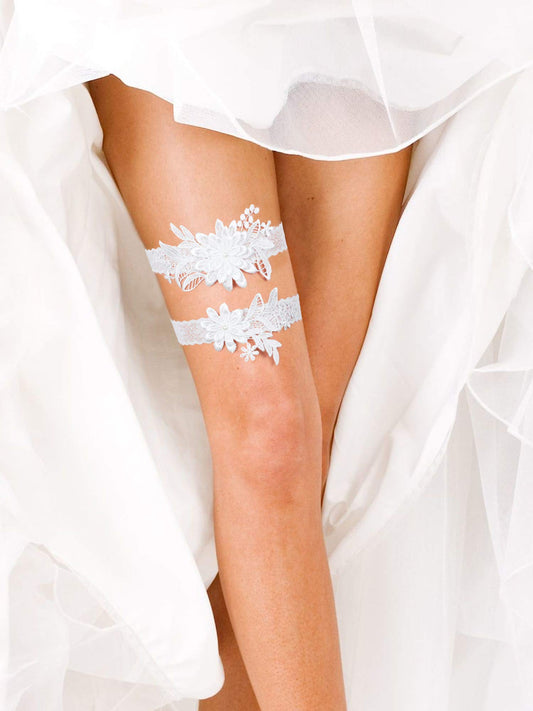 Wedding Garters Daisy Lace Bridal Garter with Faux Pearls 2 Pieces