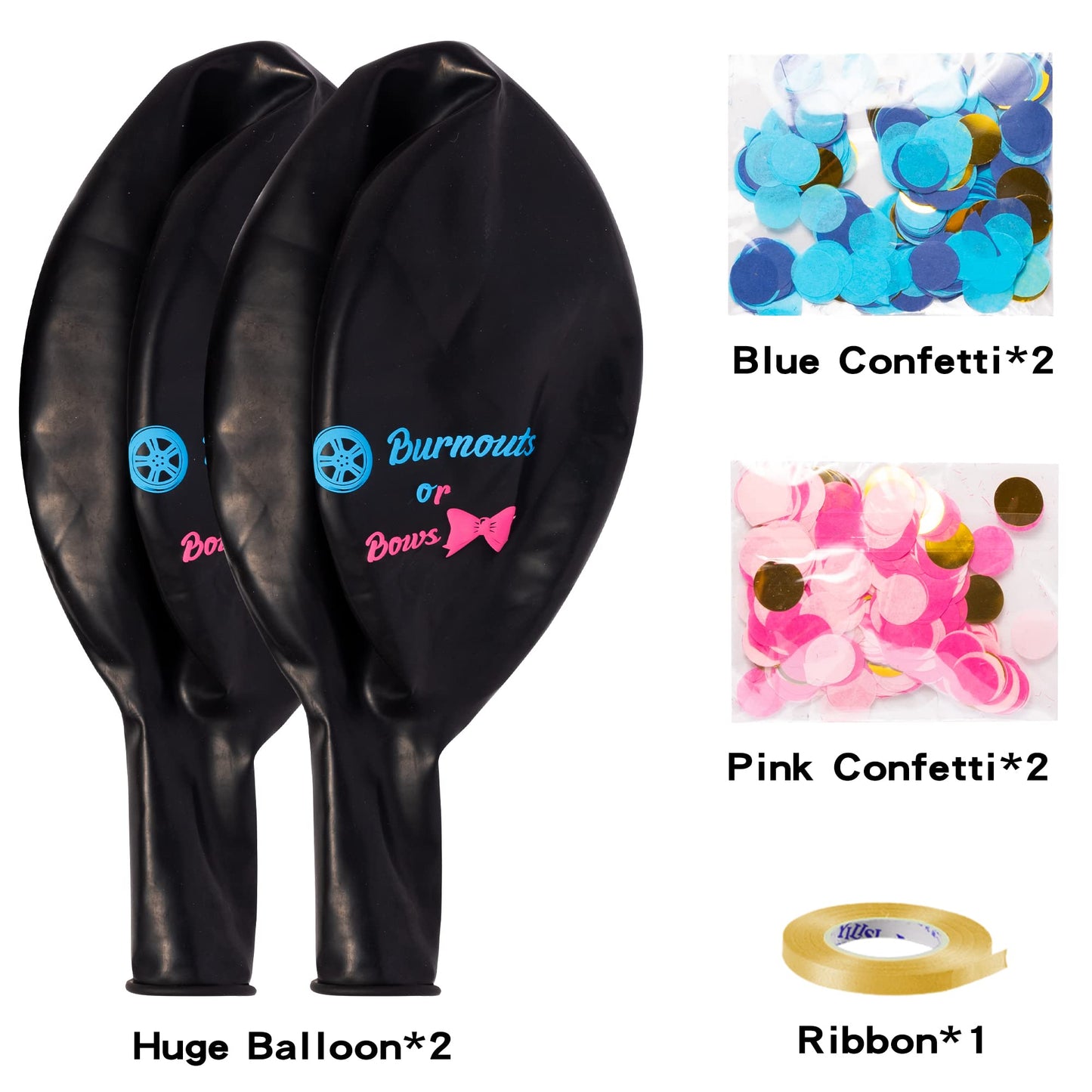 2 black balloons, blue confettix2, pink confettix2, ribbon