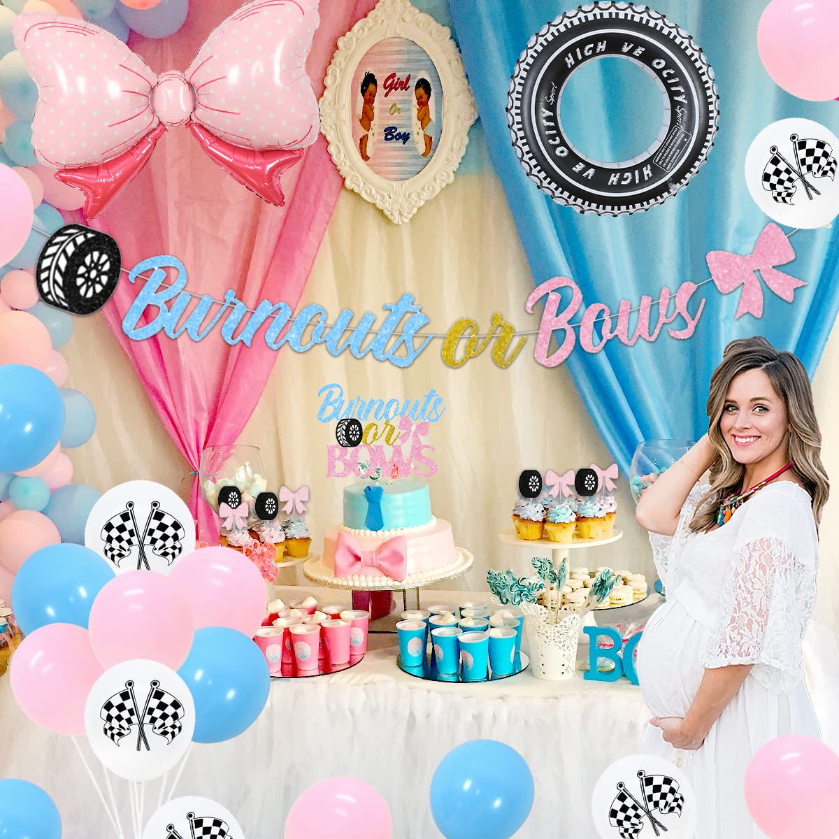 Burnouts or bows cake toppers, balloons and banners