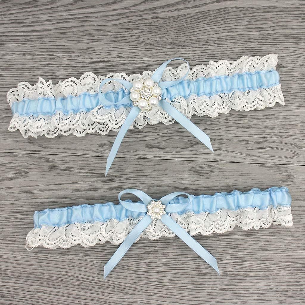 Blue satin, white lace garters