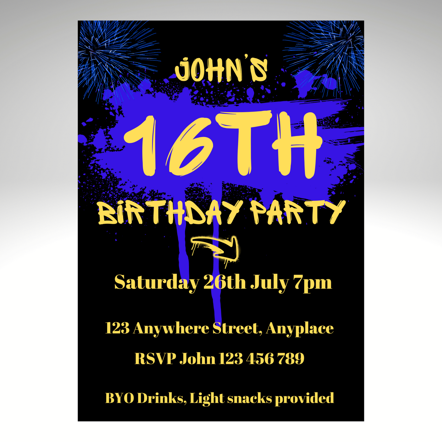7x5 Birthday Party Invitation Personalised -16th